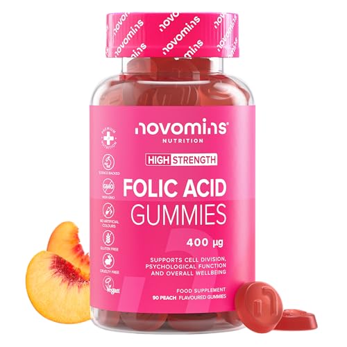 Acido Folico 400 mcg - 90 Gominolas - Suministro para 3 Meses - Ácido Fólico Embarazo y Preconcepcion - Veganas y Sin Gluten Vitamina B9 - Contribuye al Crecimiento del Tejido Materno - Novomins