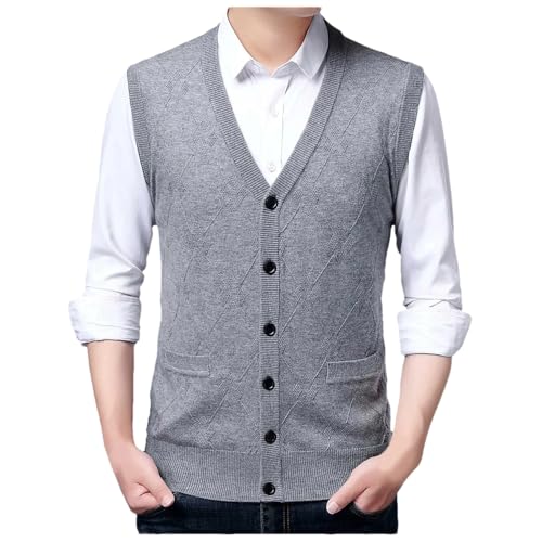 2024 Autumn Men's Button Cardigan Sweater Vest V-Neck Solid Color Double Pocket Warm Vest gray9 3XL#3XL