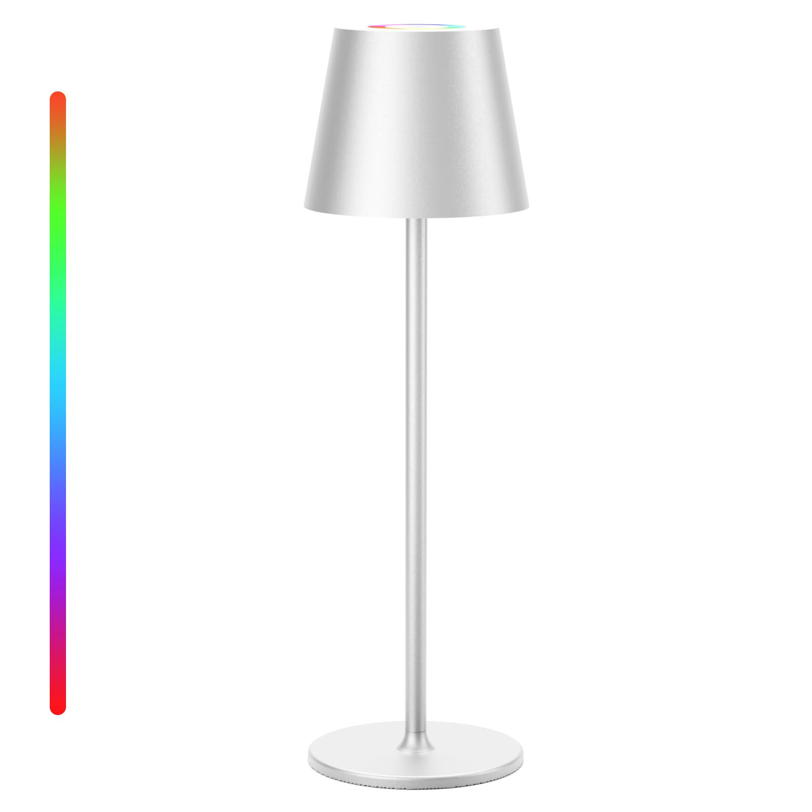 Keepoo Tischlampe Kabellos Dimmbare LED Akku Tischleuchte, Wiederaufladbar Warme Lichtfarbe 3000K+RGB Aluminium Outdoor Tischlampe wasserdicht für Restaurant,Schlafzimmer,Bar,IP54 (Silber 1 Stück)