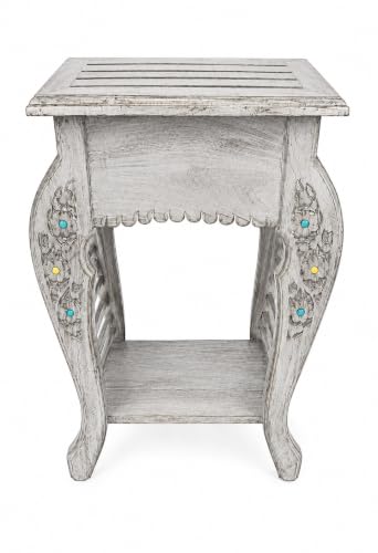 Image of Multipurpose Table Outdoor Indoor Stool Flower Vase Stool with One Drawer Material Mango Wood Size 30.5CM x 30.5CM x 53.3CM (Lite Grey Antique)