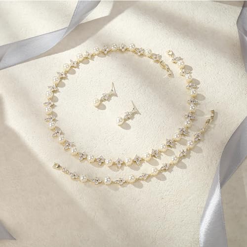 Image of EVER FAITH Cubic Zirconia Pearl Leaf Bridal Jewelry Set for Bride Women