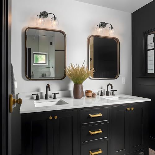 Image of KSANA Black Bathroom Light Fixtures, 2 Light Matte Black Vanity Lights for Bathroom with Seeded Glass Globe, 14 inch Modern Farmhouse Bathroom Lights Over Mirror