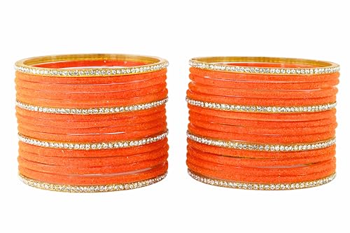 Image of NMII Fancy Glass Golden Zircon Diamond Stone & Velvet Finish Plain Bangles Set For Women & Girls | Glass Velvet Bangles | Kanch ki Chudiyan | Girl's Bangles Bracelet | Fashion Jewellery- Set of 32