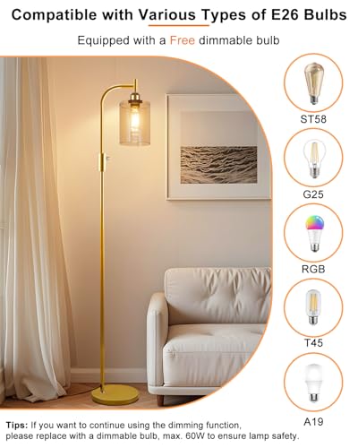 Image of Lightdot 63IN Glass Floor Lamp for Living Room, Dimmable Gold Floor Lamps with Clear Glass Shade, Mid Century Modern Standing Lamps with Bulb Included for Bedroom /Sofa Beside /Corner Decor-Gold