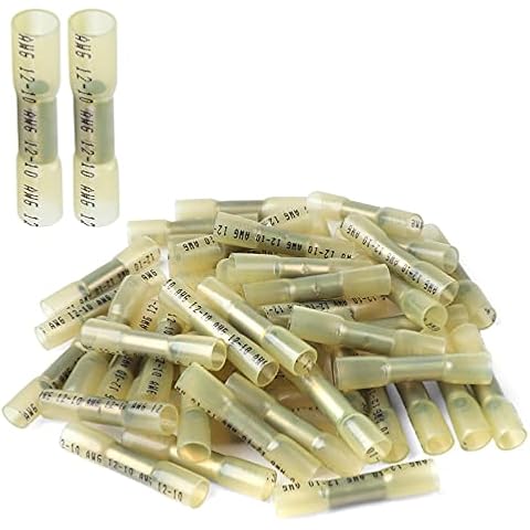 Heat Shrink Butt Connectors, 250Pcs 12-10 AWG Yellow Insulated Waterproof Electrical Wire Connectors Automotive Marine Grade Wire Crimp Terminals Butt Splices, Ideal for Boat, Truck, Stereo - Yellow Cover