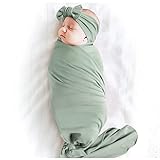 Konssy Baby Girl Newborn Receiving Blanket with Headband Set Baby Swaddle Nursery Swaddle Wrap(Light Green)