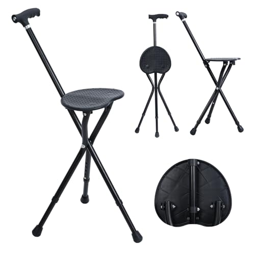 Fukursul Canne pliante d'une capacité de 200 kg avec lumière et siège, canne de marche réglable en hauteur pour personnes âgées, chaise de béquille en...