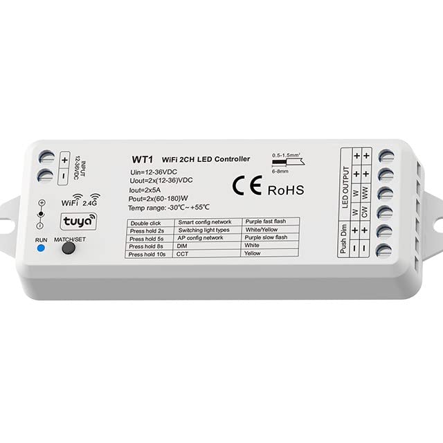 A2ZWORLD Led Controller Dimmer 1CH, WIFI RF 2.4G, App TUYA e Smart Life, DC5V 12V 24V, Max 15A 360W, Per Striscia Led Mono Colore, Formato Slim 75X36X17mm