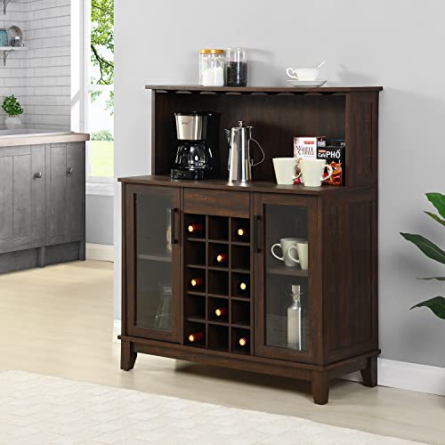 Bar Cabinet with Wine Rack and Glass Doors in Mahogany Finish