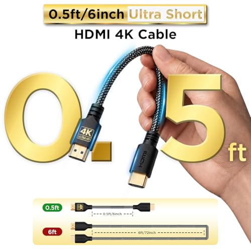 Image of PowerBear 4K HDMI Cable 0.5 ft | Short Hdmi Cable, Braided Nylon & Gold Connectors, 4K @ 60Hz, Ultra HD, 2K, 1080P, ARC & CL3 Rated | for Laptop, Monitor, PS5, PS4, Xbox One, Fire TV, Apple TV & More