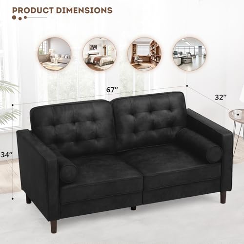 Image of 67 inch Suede Leather 2 Seater Sofa with Two Bolster Pillows, Black | Tufted Sofa with Wooden Legs, Mordern Couch for Living Room, Office, Apartment