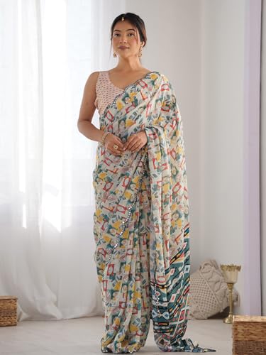 Image of Panzora Women's Chinon Printed Saree With Unstitched Blouse Piece