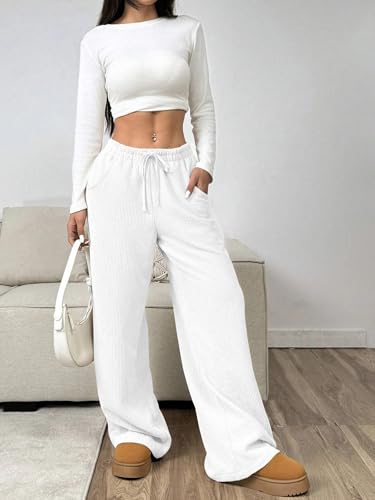 Image of Women's Trendy Korean Trouser with Pockets, Casual Corduroy Stretchable Baggy Loose || High Rise Elastic Waist Going Out Lounge Pants || Wide Leg Pants for Woman
