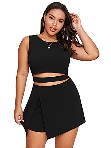 Floerns Women s Plus Size Split Hem Skort Set Cut Out Tank Crop Top Two Outfits Black 1XL