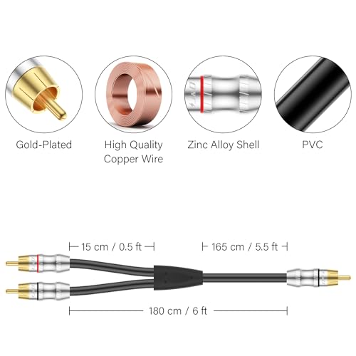J&D RCA Y-Adapter (1.8 Meter), 1 Male to 2 Male Y Splitter Digital Stereo Audio Cable Subwoofer Cord for Subwoofer HDTV - Image 2