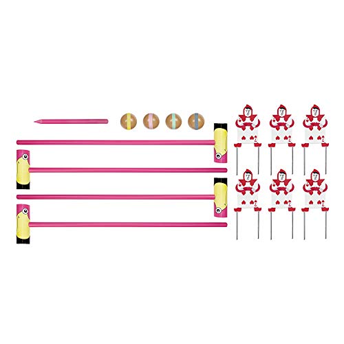All components of the Queen of Hearts Flamingo Croquet Set laid out on a white background.
