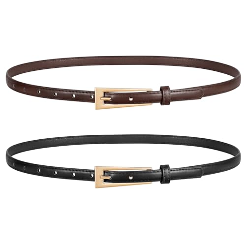 LEACOOLKEY Women Skinny Belts for Jeans Dress Pants 2 Pack Thin Leather Waist Belts with Gold Buckle