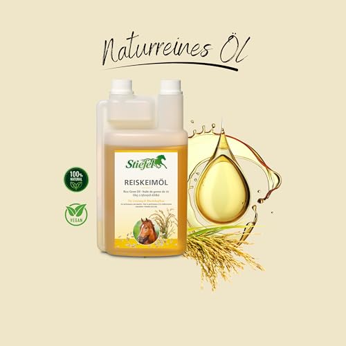 Stiefel Reiskeimöl für Pferde, hochwertiges 100% naturreines Öl, kann den Muskelaufbau & die Leistungsbereitschaft unterstützen, flüssig mit Dosierflasche, 1l