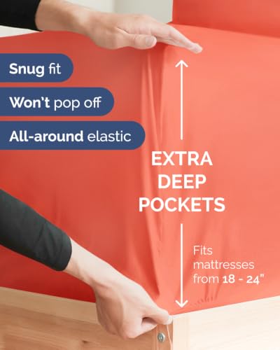 Image of Extra Deep Flex Top Split Head King Fitted Sheet - Hotel Luxury Single Fitted Sheet Only - Easily Fits 18 inch to 24 inch Mattress - Ultra Soft, Wrinkle Free w /Extra Deep Pockets - Coral