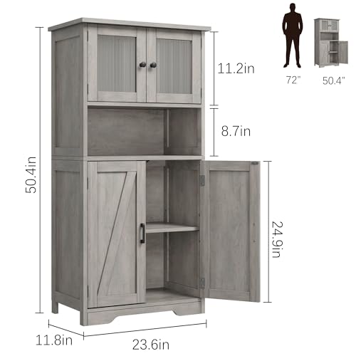 GarveeHome 54in Tall Bathroom Cabinet, Farmhouse Storage Cabinet with Glass Doors and Adjustable Shelves, Freestanding Kitchen Pantry Cabinets, Cupboard for Living Room, Dining Room, Gray
