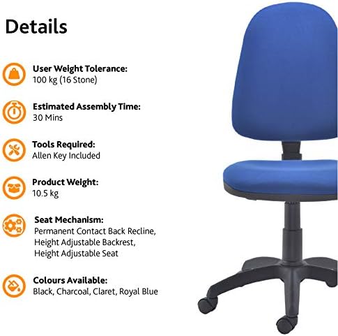 Office Hippo High Back Office Chair no Arms, Computer Chair for Home, Swivel Chair, Fabric, Royal Blue