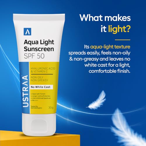Image of Ustraa Aqua Light Sunscreen SPF 50 PA++++ for Men - 30g | No White Cast | Non-Oily & Non-Greasy Formula with Hyaluronic Acid & Vitamin C | UVA /UVB Protection