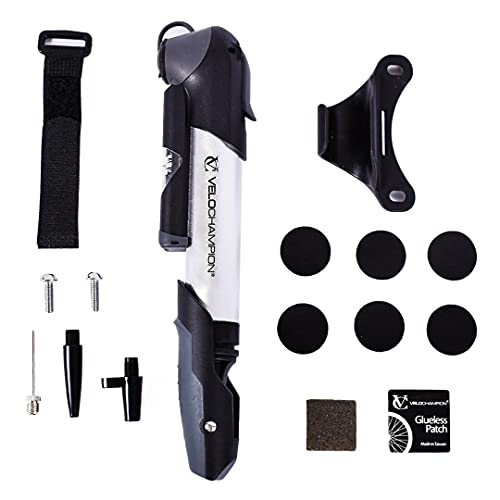 VeloChampion Mini Fahrradpumpe mit Rahmenhalterung | Tragbare, Kompakte Fahrradpumpe aus Legierung mit Rahmenhalterung | Presta, Schrader & Dunlop (Alloy 9 Pumpe + Flicken (6pk))