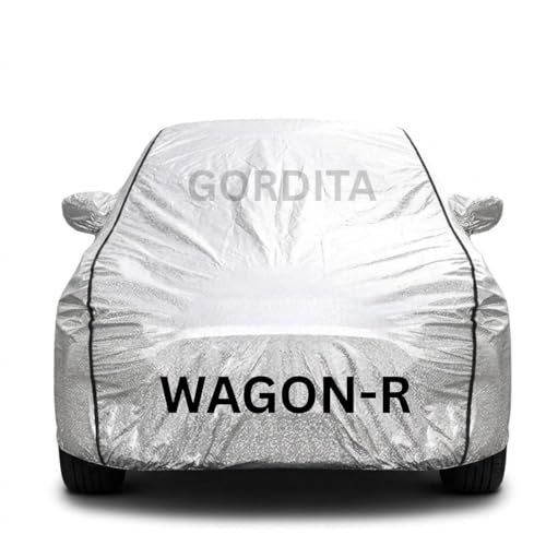 Image of Waterproof Car Body Cover for Wagon-R All Weather Protection Comes with Inner Cotton Lining & Triple Stitched with Mirror & Antenna Pocket Belt & Elastic Fit Metallic Silver with Black Piping2