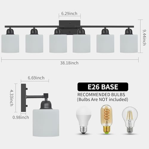 Image of 6-Light Black Vanity Lights for Bathroom, Modern Bathroom Vanity Lighting Fixtures Over Mirror, Bathroom Light Fixtures for Bathroom Mirror, Living Room, Hallway, Vanity Table, E26 Base