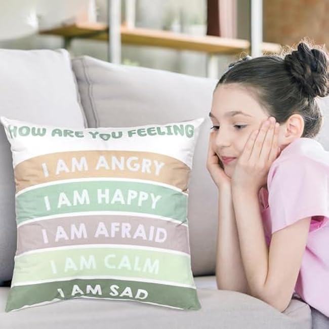 2Pcs Feelings Pillow Covers 18in Classroom Must Haves Calming Corner Item Mental Health Throw Pillowcase Kids Home Preschool Decorations Counselor Office Sensory Reading Room Calm Down Corner Supplies