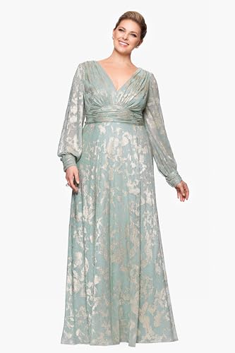 Image of Betsy & Adam Women's Floor-Length, Long-Sleeve, Metallic Floral Pattern, with Ruched Waist and Flowy Silhouette, Sage /Gold, 22W