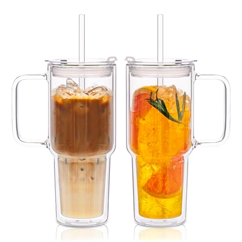 KEMORELA 2 Pack 28oz Double Wall Glass Tumblers with Handle, Lids & Straws – Large Insulated Clear Borosilicate Glass Cups for Iced Coffee, Smoothies, Bubble Tea & Cold Beverages