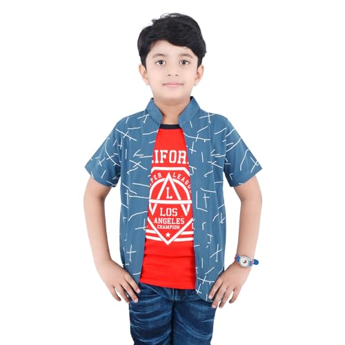 Image of Jam & Sugar Boys Cotton Printed T-Shirt with Attached Shrug Jacket - Half Sleeves