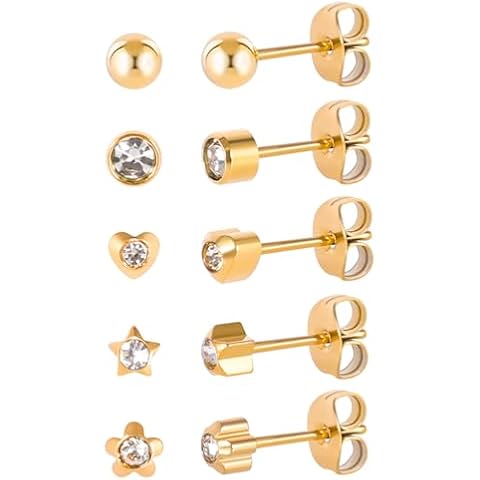 5 Pairs G23 Titanium Stud Earrings for Sensitive Ears, Heart Star Flower Round Ball Cubic Zirconia Stud Earrings Set for Women (Gold) Cover