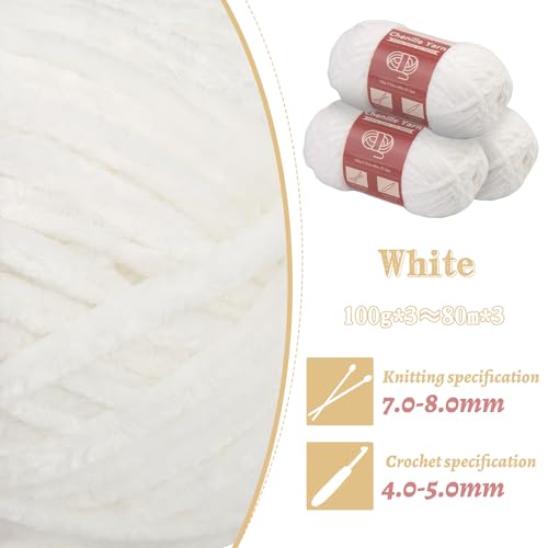 Image of LUNARM Chenille Yarn 3 Pack 3.5oz Chunky Blanket Velvet Yarn 263 Yard | White Chunky Chenille Yarn for Beginners Crocheting Hand Knitting Scarves with Big Eye Needles Machine Washable