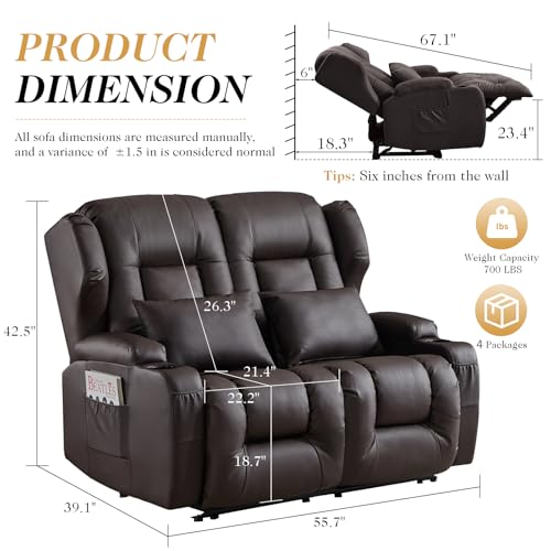 Image of Loveseat Recliner Sofa,RV Wall Hugger Recliners for Small Spaces,Reclining Loveseat Sofa Recliner with Cup Holders /Lumbar Pillows,RV Furniture (Brown, 56 inch 2-Seater)
