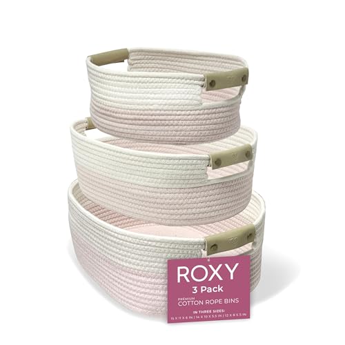 Roxy Storage Basket Set, Large Cotton Rope Storage Baskets for Shelves, Baskets for Organizing with Leather Handles, Eco-Friendly Soft Durable Woven Bin Set (3 Nested Sizes)