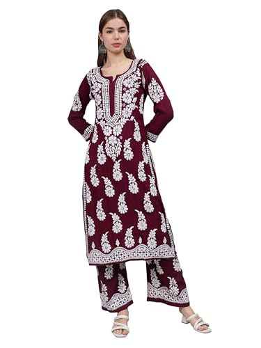 Image of Seva Chikan Hand Embroidered Lucknowi Chikankari Modal Kurta and Palazzo Set SCL8023