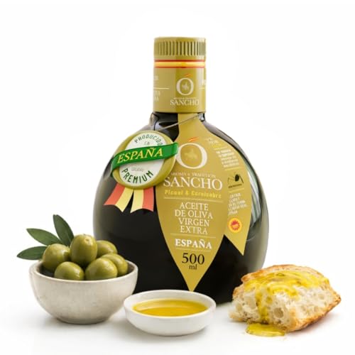 Aceite de oliva virgen extra picual 500 ml botella de vidrio | aove gourmet intenso aromático extraído en frío | aceite premium español para cocina y regalo | sancho la mancha, dop campo de montiel.