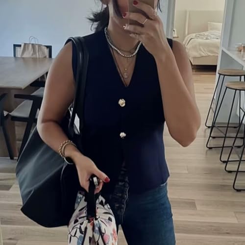 Image of FindThy Women's Cropped Knit Vest V Neck Button Up Solid Color Sleeveless Gilet Tank Tops