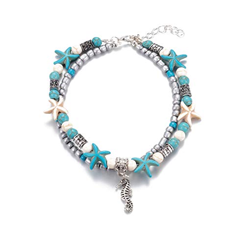 Image of Softones Blue Starfish Turtle Anklet Multilayer Charm Beads Sea Handmade Boho Anklet Foot Jewelry for Women