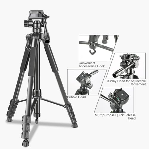 Image of 55-Inch Aluminum Tripod with Mobile Holder, Lightweight & Portable Tripod Kit, 360 Head, Stable Design, Supports Up to 5 kg (Black)