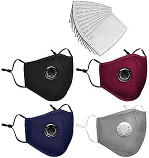 Reusable Face Mask with Breathing Valve + PM2.5 Activated Carbon Mask Filters Insert, Washable Adults Cotton Mask Face Shield Mouth Mask (4 Mask+10 Filter(Mixed))