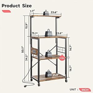 Bestier bakers rack with power outlet 4 tier kitchen microwave stand coffee bar with 6 s shaped hooks rolling storage shelf rack with adjustable shelf for kitchen living room rustic brown  urban country home decor