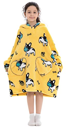 Ancokig Kindertrui met capuchon, flanellen hoodie, deken met zak, voor jongens en meisjes, Gele puppy, 7-13 Jaar