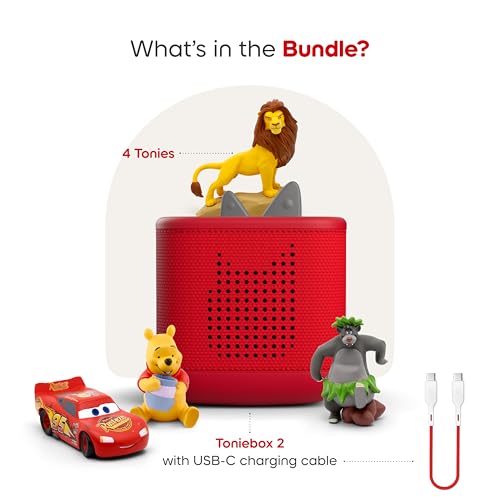 Image of Toniebox 2 Audio Player Disney Bundle for Kids 3+ with Lightning McQueen, Simba, Winnie The Pooh, and Baloo - Sunset Red