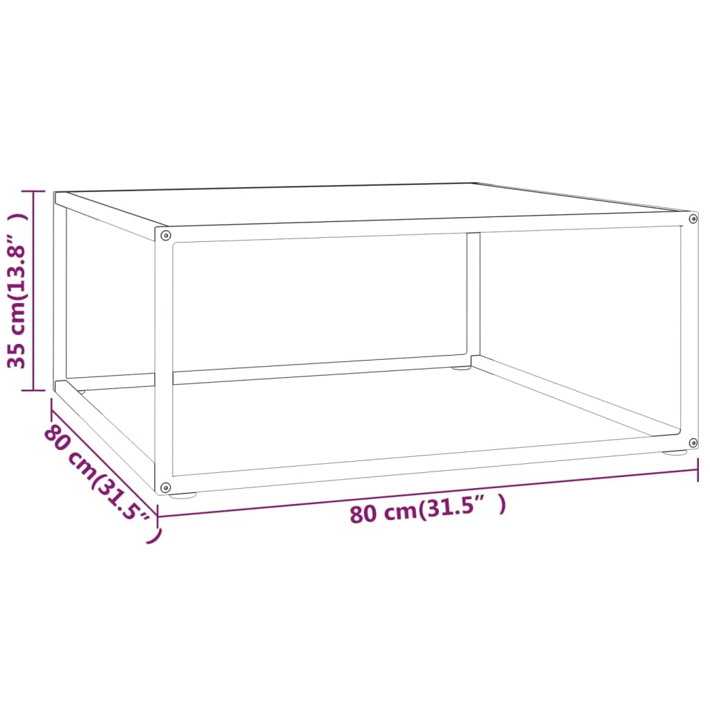 Tavolino da salotto nero con vetro temperato e marmo bianco 80x80x35 cm, mobiletto moderno con ripiano robusto, supporto salotto versatile per soggiorno e ufficio