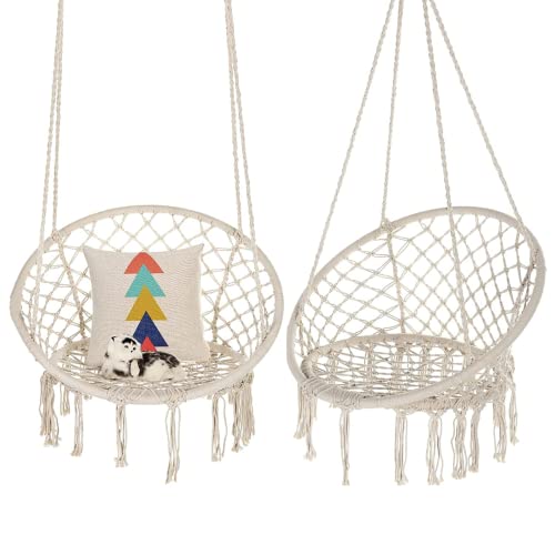 Image of Garpans Hammock Chair Macrame Swing Set of 2 Bohemian Style Hammock Swing Chair with Tassels Hanging Swing Chair Handmade Knitted Cotton Rope for Indoor Outdoor Bedroom Patio Max 330 Lbs Beige