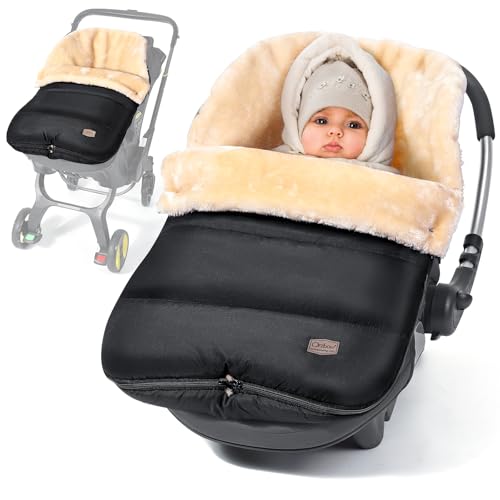 Image of Orzbow Faux Sheepskin Winter Car Seat Cover for Babies, Waterproof Bunting Bag for Car Seats & Strollers, Warm and Cozy Carseat Footmuff to Protect Baby from Cold Wind, Machine Washable, Black