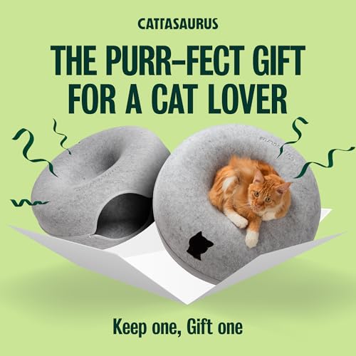 Image of Cattasaurus Peekaboo Cat Cave Donut for Multiple & Large Cats up to 30-45 lbs, 3-in-1 Self Warming Cat Bed, Tunnel & Scratcher for Indoor Cats, Washable & Detachable (Light Gray + Light Gray, Large)